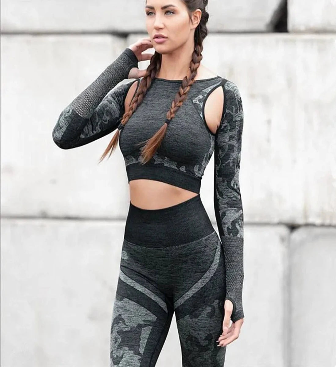 Fanny - Ensemble de sport camouflage sans couture : haut court et pantalon taille haute