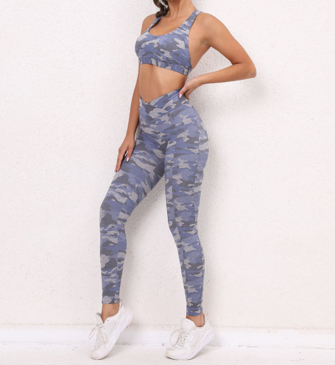 Isabelle - Ensemble soutien-gorge de sport camouflage et leggings froissés pour gym et yoga