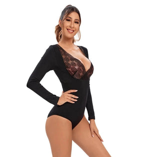 Sculpt & Seduce: Grace's Lace V Neck Bodysuit - Tummy Control, Thermal Comfort, and Flat Belly Magic in One Irresistible Shapewear!