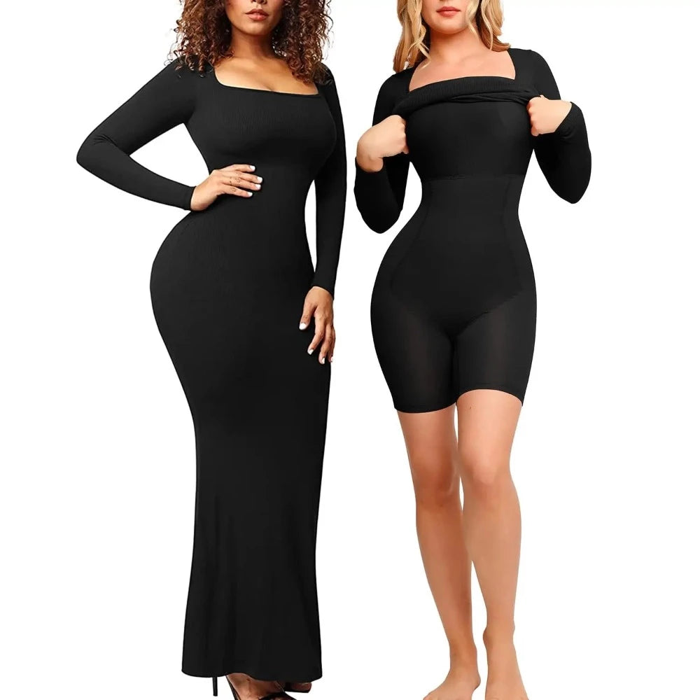 L'élégance redéfinie de Natalie : robe longue décontractée à manches longues avec shapewear intégré