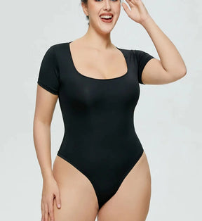 Brigitte Elegance: Unleash Your Allure with short Sleeve, Square Neck Bodysuit – Stretchy Comfort, Thong Crotch Compression, and Tummy Control Magic!