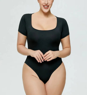 Brigitte Elegance: Unleash Your Allure with short Sleeve, Square Neck Bodysuit – Stretchy Comfort, Thong Crotch Compression, and Tummy Control Magic!