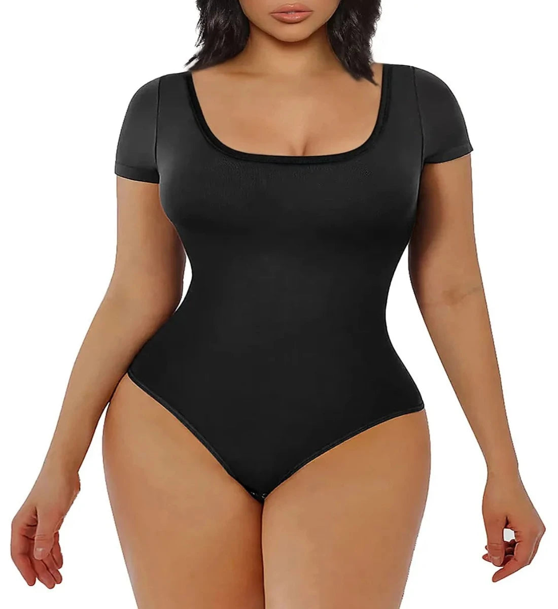 Brigitte Elegance: Unleash Your Allure with short Sleeve, Square Neck Bodysuit – Stretchy Comfort, Thong Crotch Compression, and Tummy Control Magic!