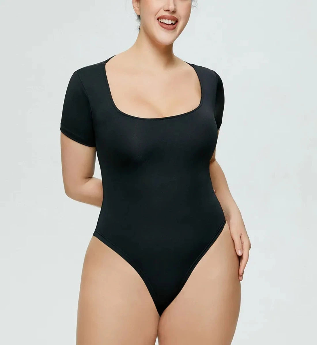 Brigitte Elegance: Unleash Your Allure with short Sleeve, Square Neck Bodysuit – Stretchy Comfort, Thong Crotch Compression, and Tummy Control Magic!