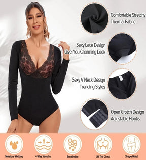 Formen und verführen: Spitzen-Bodysuit mit V-Ausschnitt von Grace – Bauchkontrolle, thermischer Komfort und die Magie eines flachen Bauchs in einer unwiderstehlichen Shapewear!