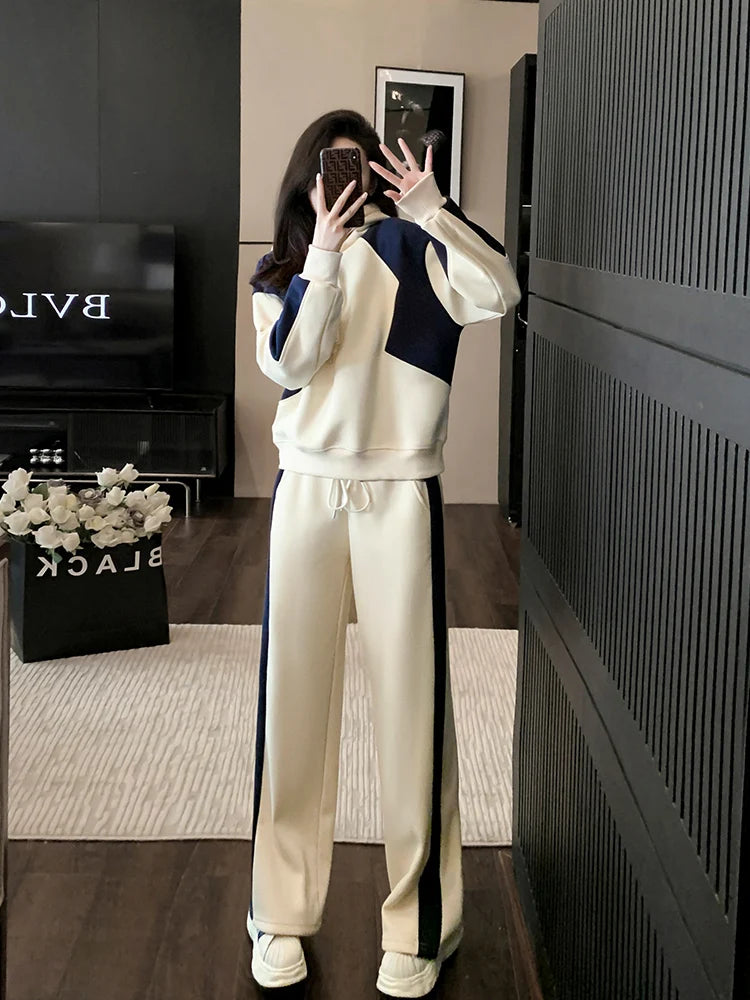 Amélie High-end casual elegance set for women - Hooded top combined with high-waisted straight pants"