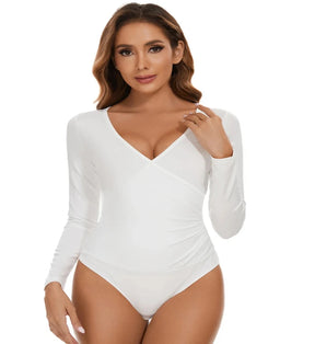 Audrey's Sexy Bodysuit Shapewear – V-Neck Elegant, Long Sleeve Allure, Tummy Control Mastery for Irresistible Slimming Sensation!