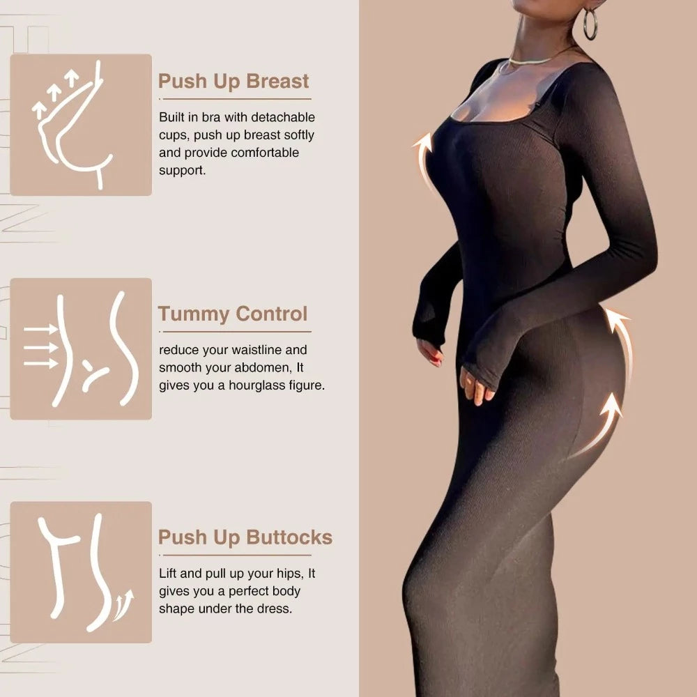 Natalie's Redefined Elegance: Long Sleeve Lounge Maxi Dress with Built-In Shapewear