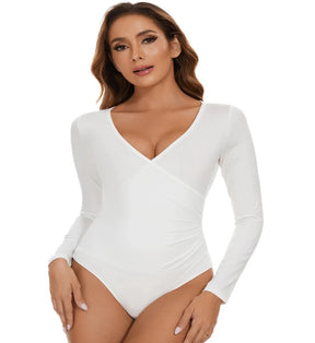 Audrey's Sexy Bodysuit Shapewear – V-Neck Elegant, Long Sleeve Allure, Tummy Control Mastery for Irresistible Slimming Sensation!